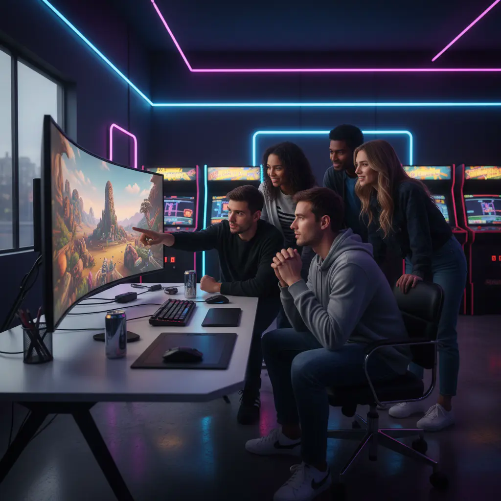 Equipo trabajando en el estudio con luces de neón